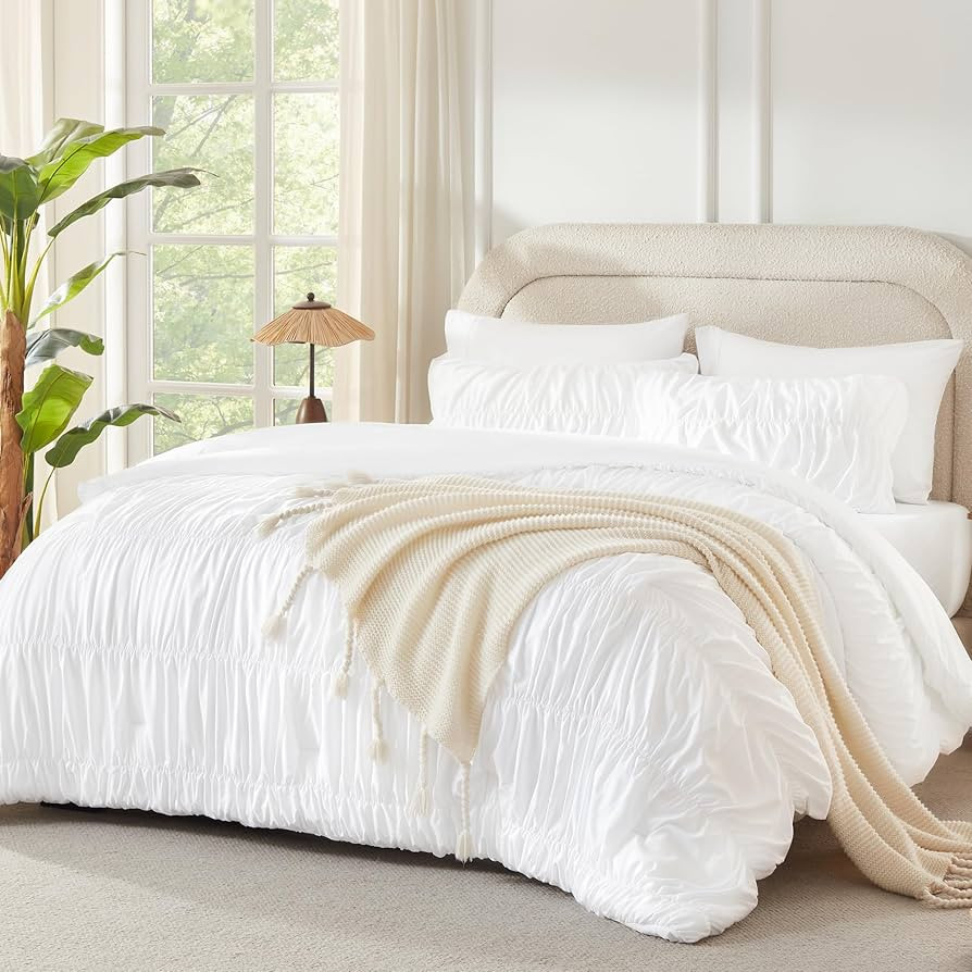 Andency Ruched White King Size Comforter Set, Shabby Chic Pleated Bedding Sets 3 Pieces, Lightwei... | Amazon (US)