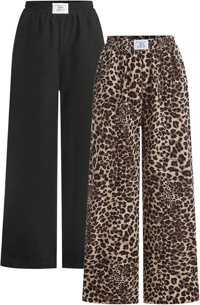 Women's Cheetah Leopard Pants Patched Elastic Waist Wide Leg Baggy Sweatpants Y2k Pants 2 Pack | Amazon (US)