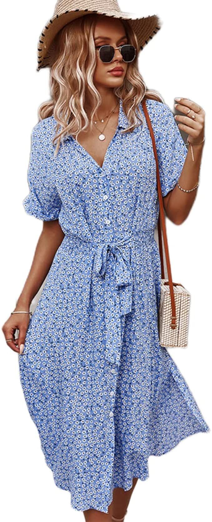 SOLY HUX Womens Summer Dress Casual Ditsy Floral Tie Front Button Up Boho Midi Tshirt Dresses | Amazon (US)