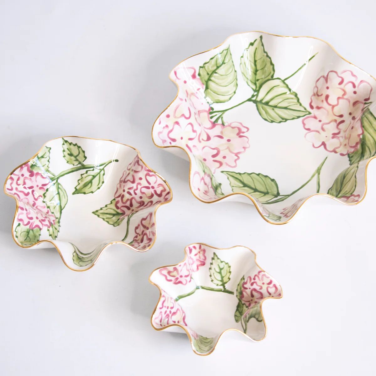 Small Pink Hydrangea Wavy Bowls | Susan Gordon Pottery