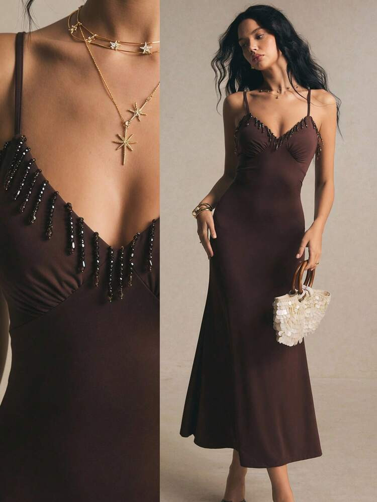 Poéselle Abito Estivo Da Donna Con Dettagli Di Perline E Nappe, Con Spalline A Spaghetti, In Stile Vintage | SHEIN