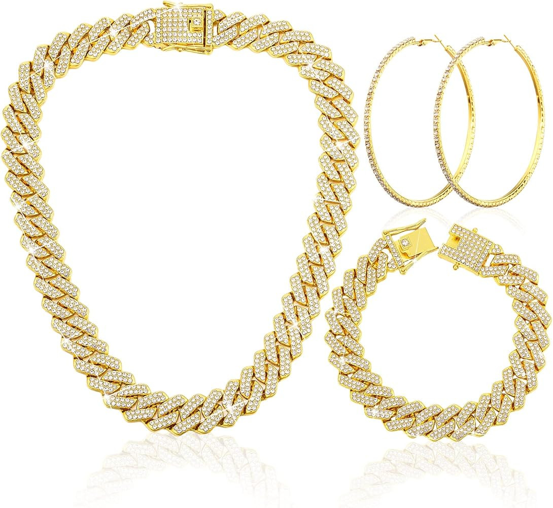 Batiyeer 3 Pcs Cuban Link Chain Necklace Bracelet Rhinestone Hoop Earrings Bling Crystal Hip Hop ... | Amazon (US)