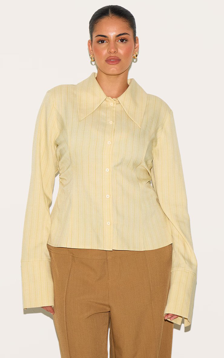 Plus Yellow Pinstripe Oversized Collar Fitted Shirt | PrettyLittleThing UK
