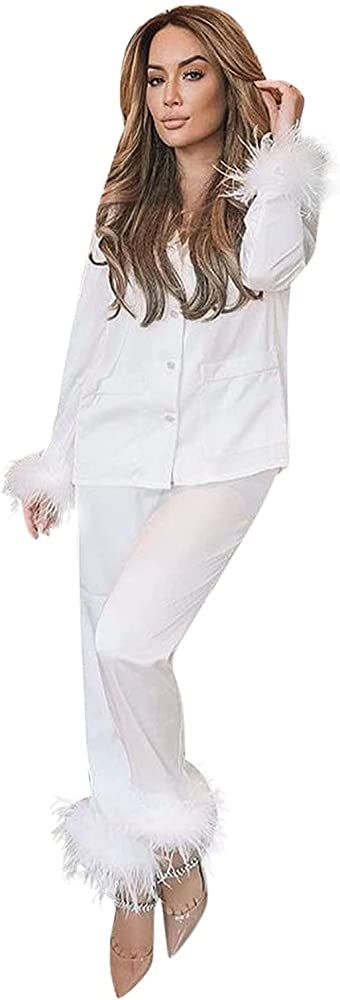 Cozy Flannel Pajamas for Women Long Feather Sleeve Button Down Pjs Set Soft Cotton Sleepwear Nightwe | Amazon (US)