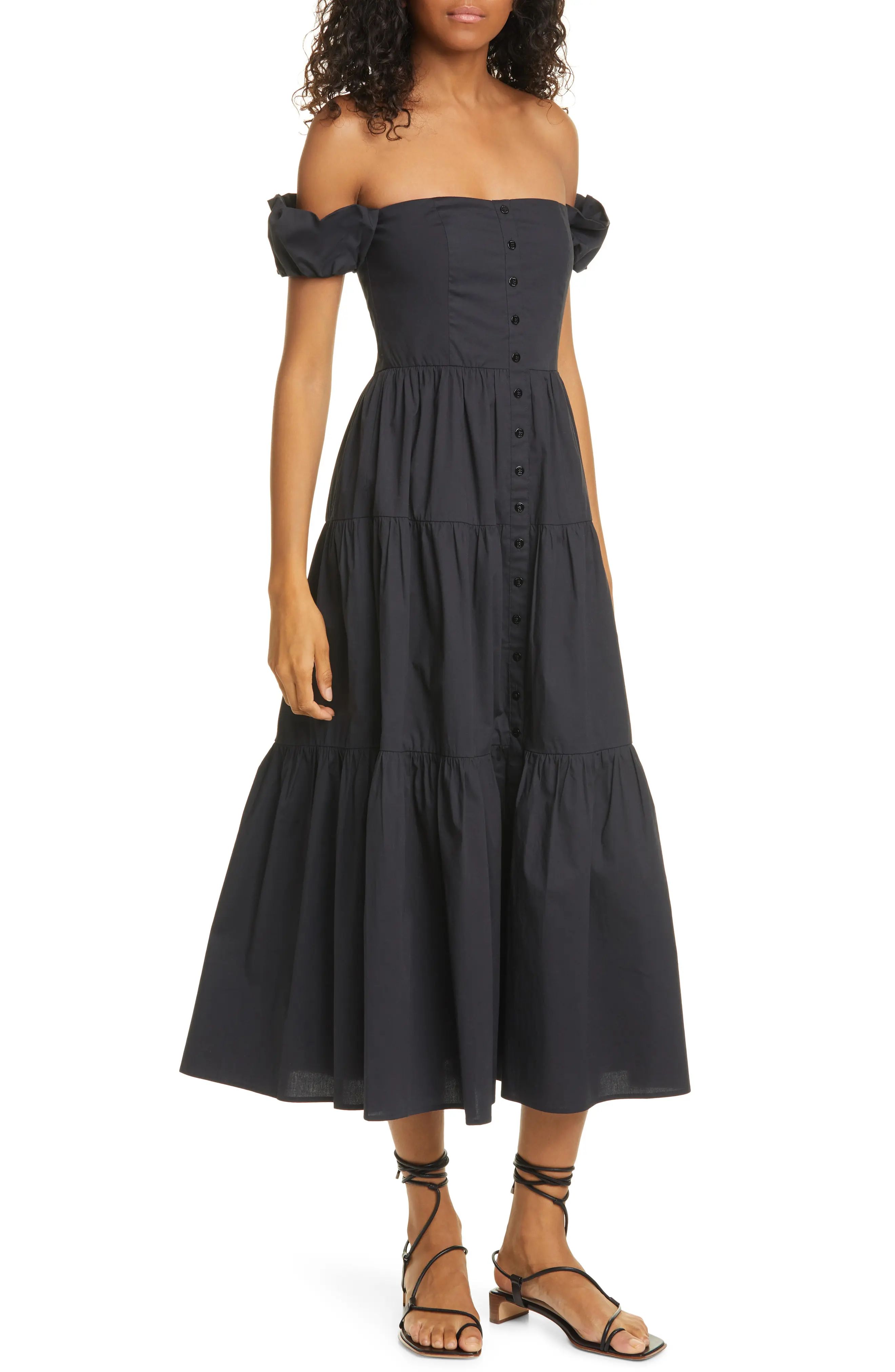 Women's Staud Elio Off The Shoulder Midi Dress, Size 4 - Black | Nordstrom