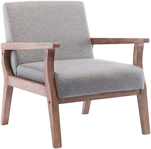 Amazon.com: Mid Century Armchair with Wood Frames, Linen Upholstered Farmhouse Living Room Chair,... | Amazon (US)