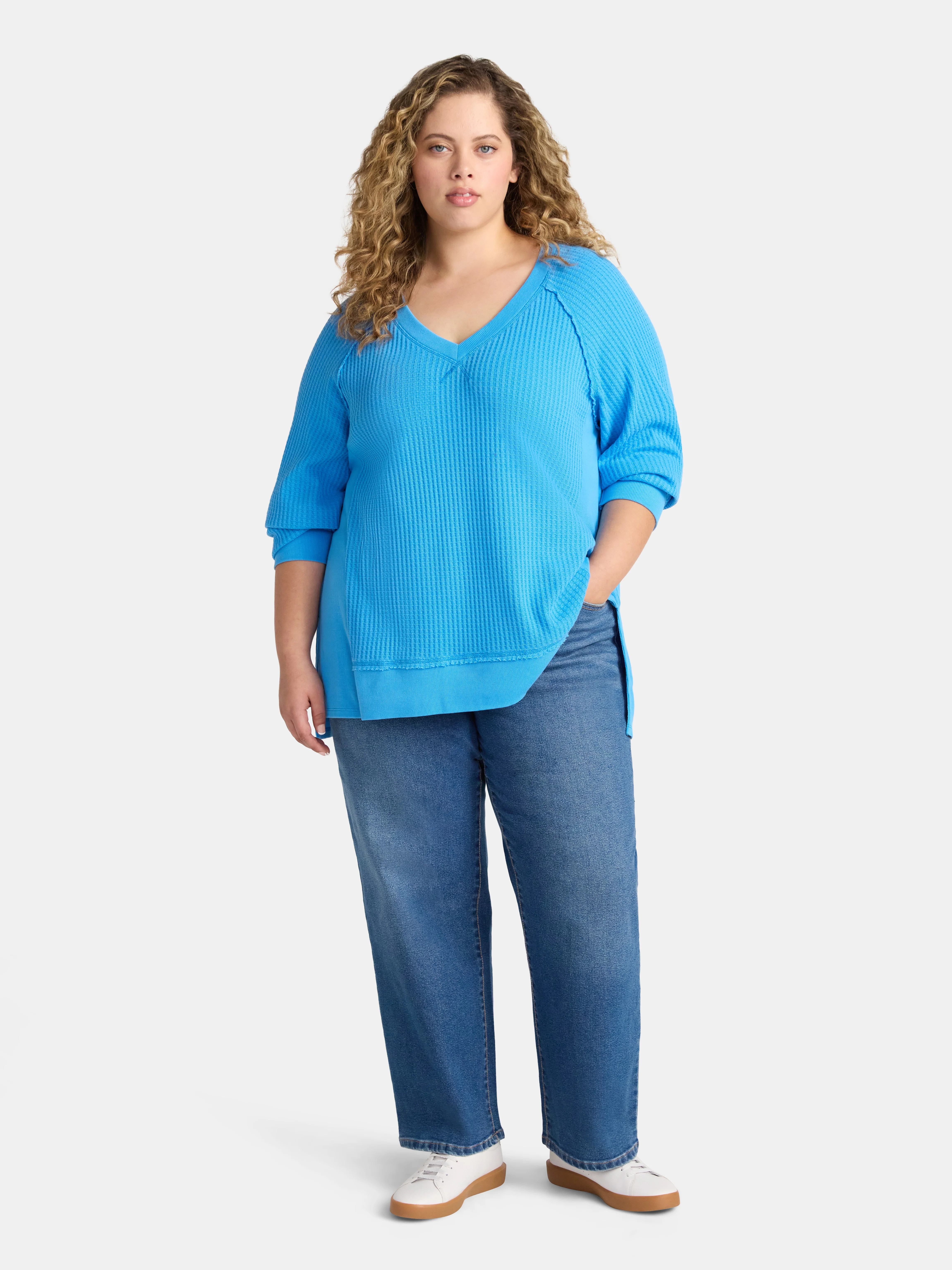 Time and Tru Women's and Women's Plus V Neck Tunic Sweatshirt with Long Sleeves, Sizes XS-4X - Wa... | Walmart (US)