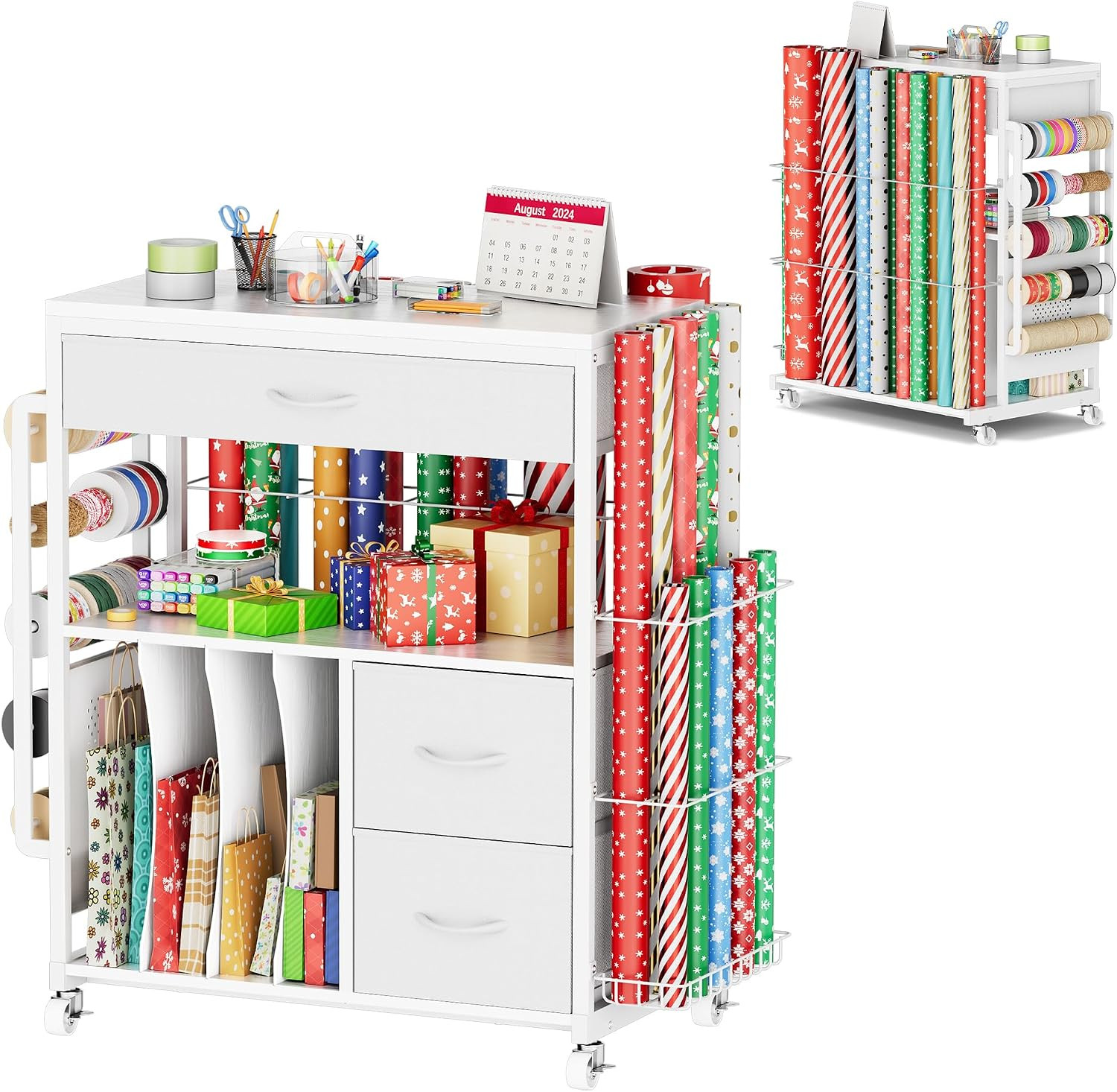 PUNLUXU Large Wrapping Paper Storage Cart with Ribbon Holder 03 MAX | Amazon (US)