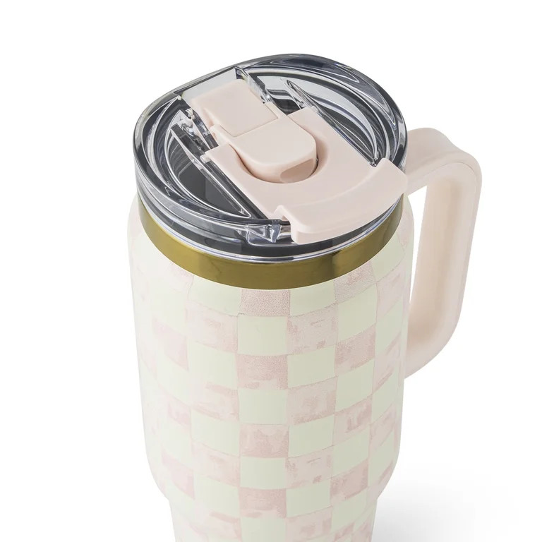 Thyme & Table Luna Tumbler, 32 oz, Stainless Steel, Handle, Dual Straw Lid, Blossom Check | Walmart (US)