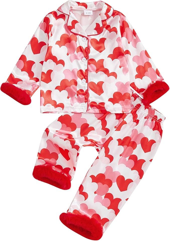 Kayotuas Kids Valentines Pajamas Girls Satin Pajama Set Toddler Heart Pjs Cute Button Down Shirt ... | Amazon (US)