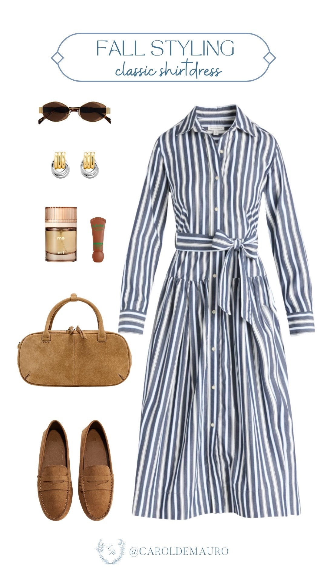 Who says a classic striped shirtdress is not for fall? When you can effortlessly pair it with some loafers and a timeless suede bag. It's the perfect look for a crisp autumn day!

mom outfits, vacation look, picnic day, brunch date, camel brown, fall fashion, easy to wear, minimalist outfit, trendy accessories

#LTKStyleTip #LTKU #LTKSeasonal