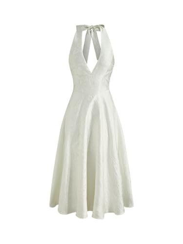 CIDER Maxi Dress Floral Halter Neck Floral Lace Up Sleeveless Middle Waist Wedding Guest Cocktail Dresses Beige | Amazon (US)