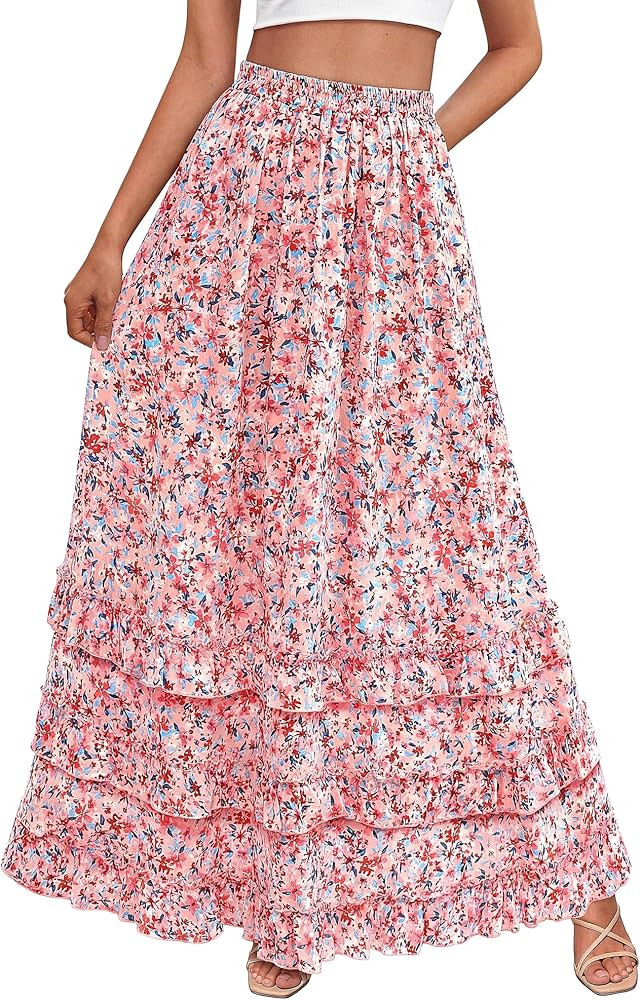 BTFBM Skirts for Women Summer Flowy A-Line Floral Boho Maxi Skirt Long Wedding Guest Dresses Spri... | Amazon (US)