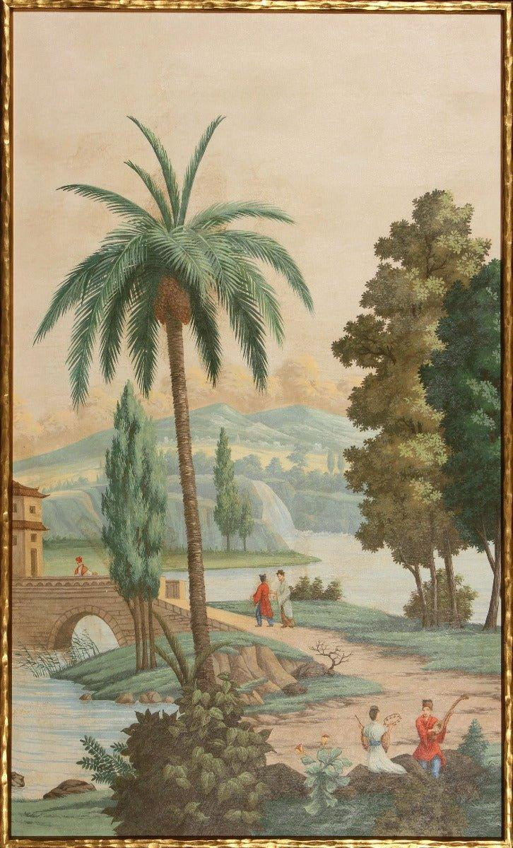 Palm Paysage II Landscape & Pagoda Canvas Wall Art in Gold Frame | The Well Appointed House, LLC