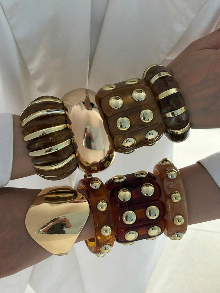1 Pc America European Basic Design Resin Cuff Bangle Bracelet , Women Chunky Metal Bangles Set , Tortoise Color Stretchable Acrylic Bracelets Set Fashion Jewelry Suitable For Daily Wear , Party , Dating | SHEIN