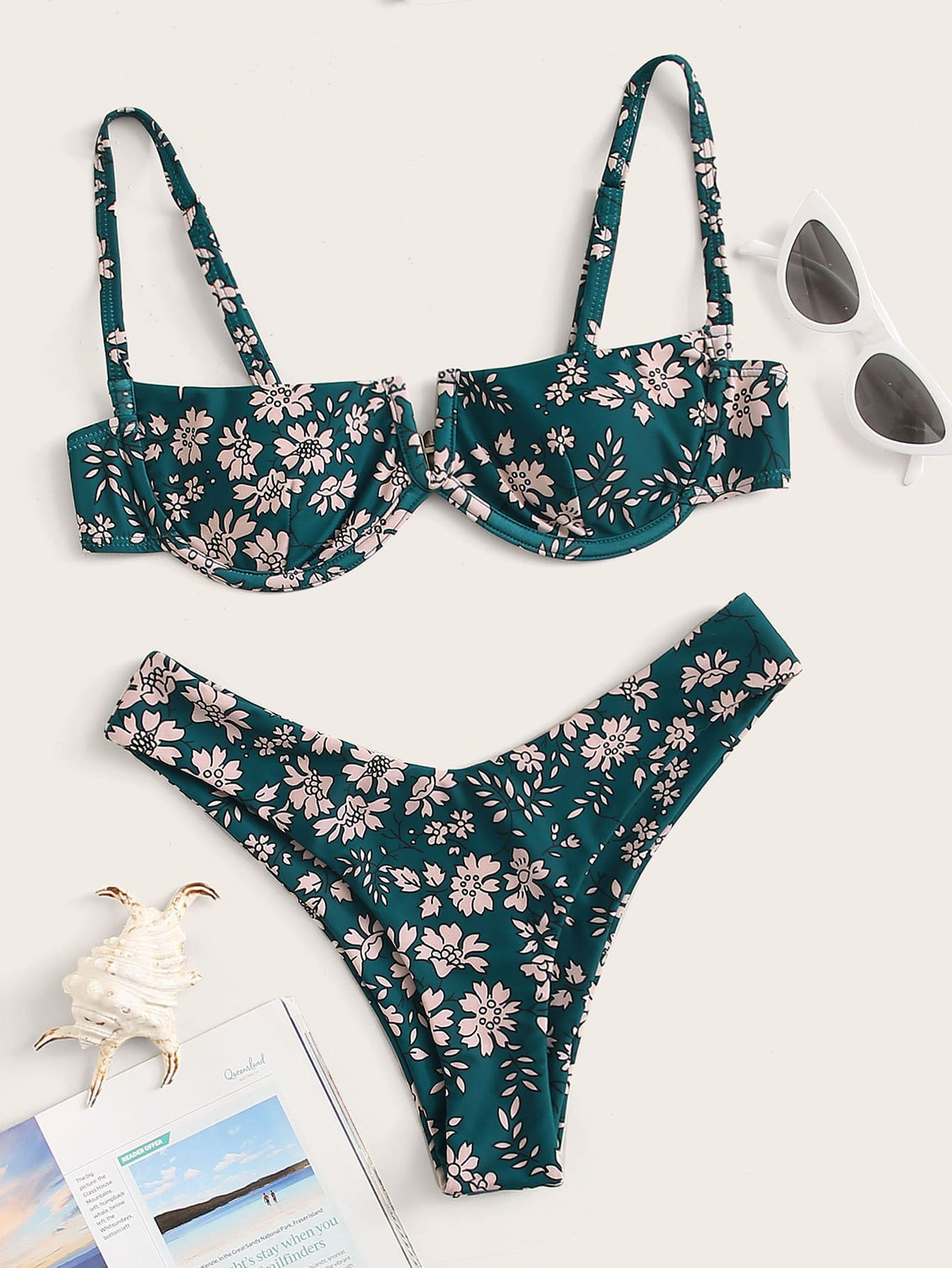 Floral V Wired Underwire High Cut Bikini Swimsuit | SHEIN