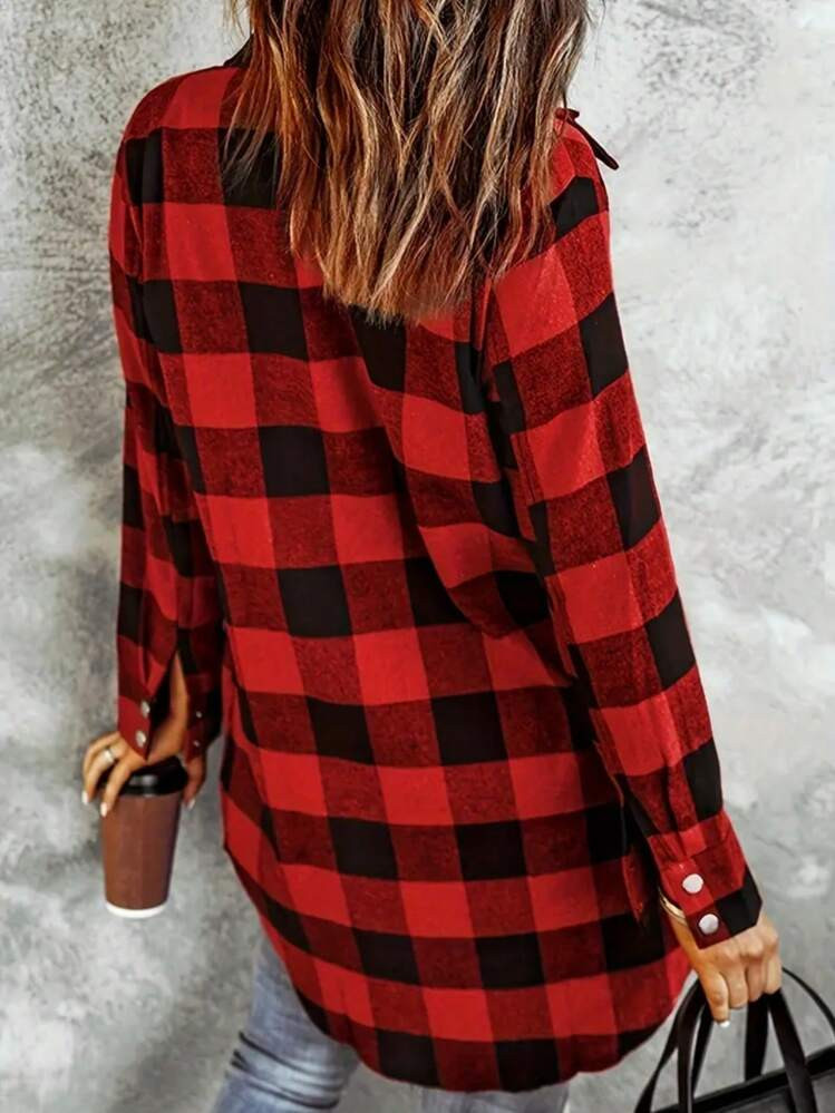 Women's Button Down Long Sleeve Plaid Design Casual Street-Style Blouse,Long Sleeve Tops | SHEIN