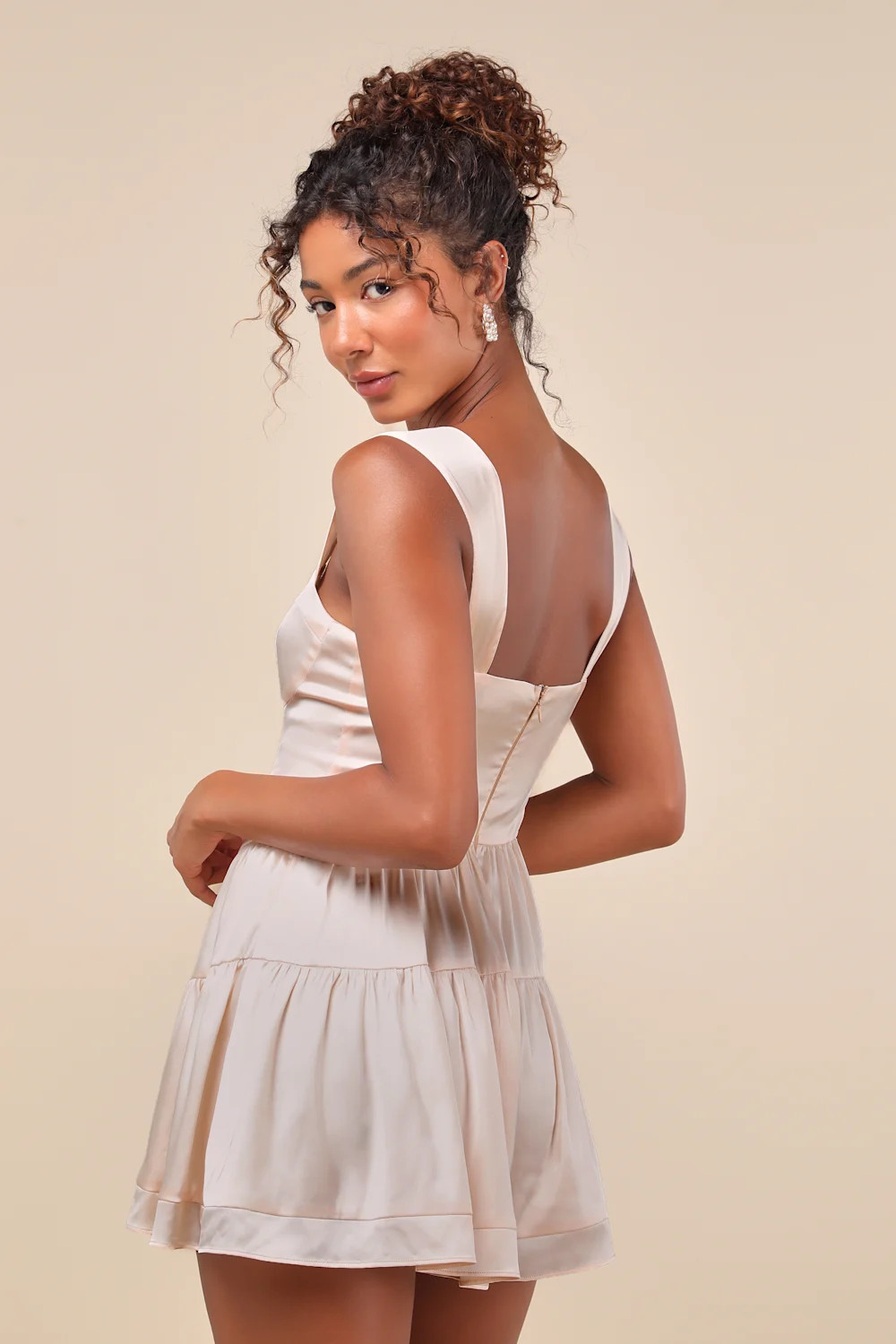 Positively Adorable Cream Satin Tiered Bustier Romper | Lulus