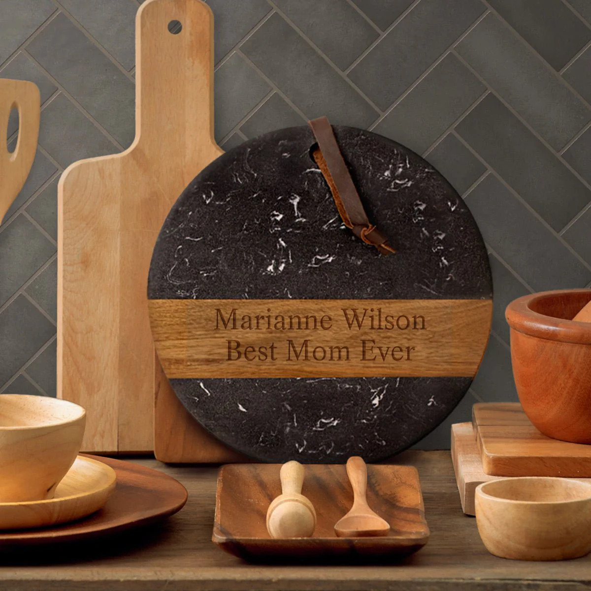 Winslow Wood and Marble Personalized Charcuterie Board, Black | HomeWetBar.com