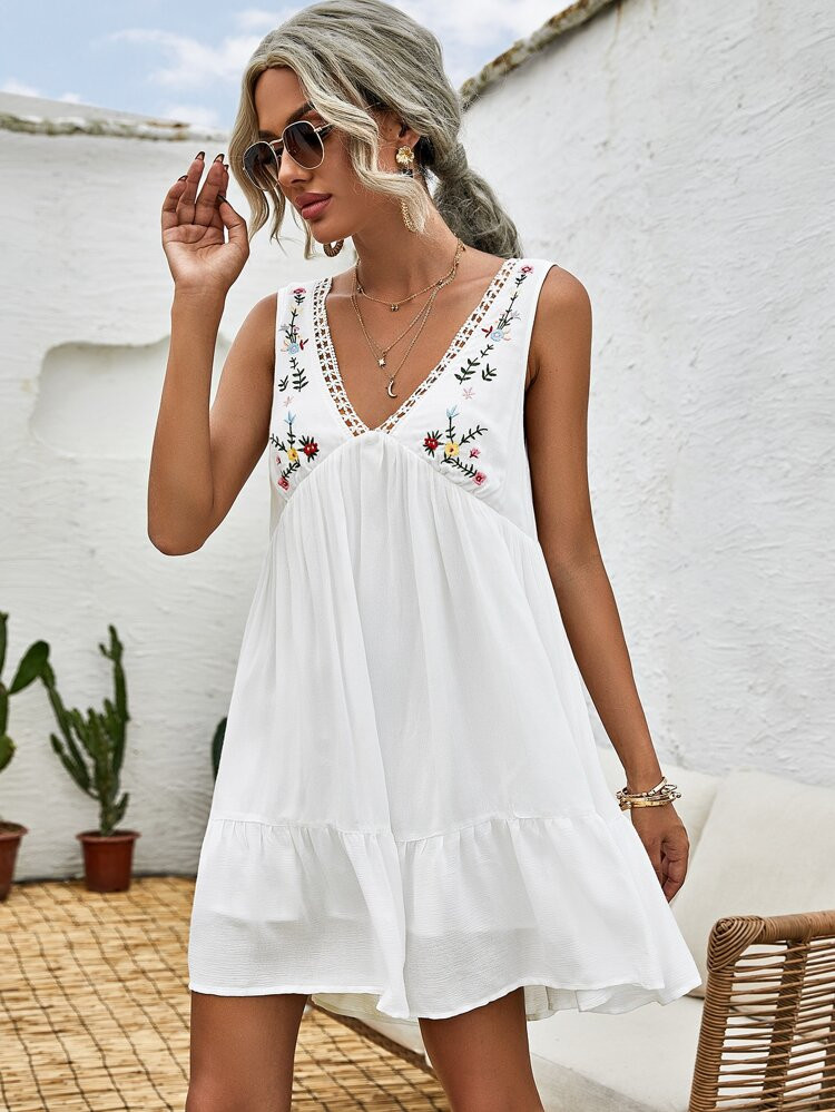 SHEIN Lace Trim Embroidered Smock Dress | SHEIN