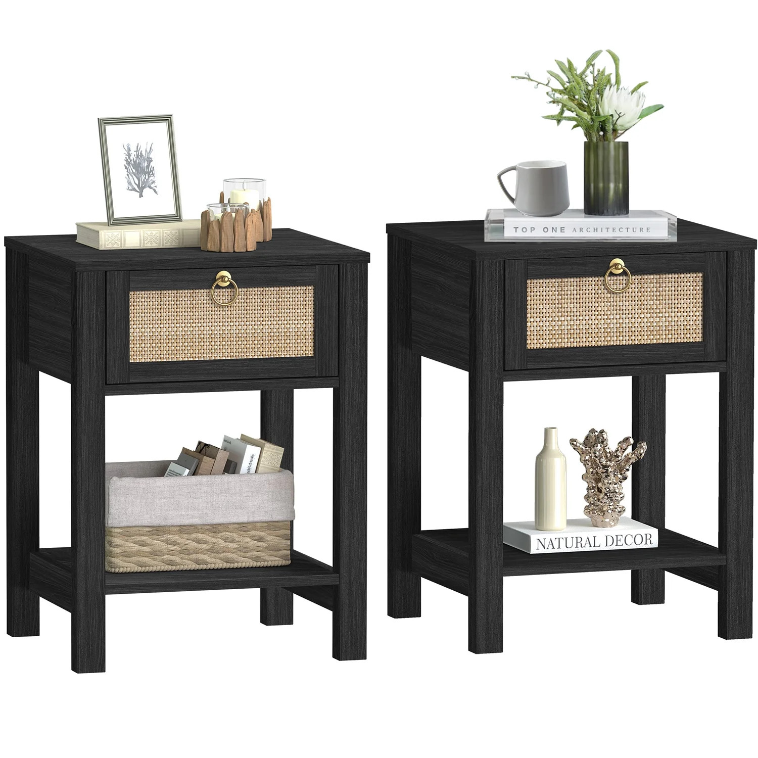 Surmoby Black Nightstand Set of 2,Boho Bedside Tables with Rattan Decor Drawer and Open Storage S... | Walmart (US)