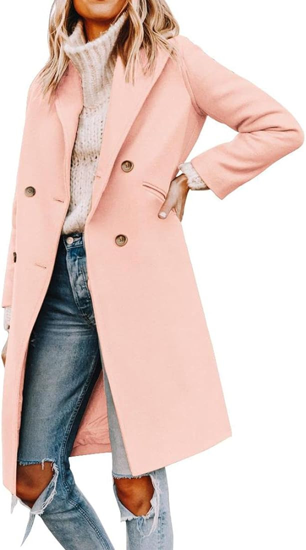 Yousify Womens Notched Lapel Collar Double Breasted Pea Coat Winter Wool Blend Over Coats Long Jacke | Amazon (US)