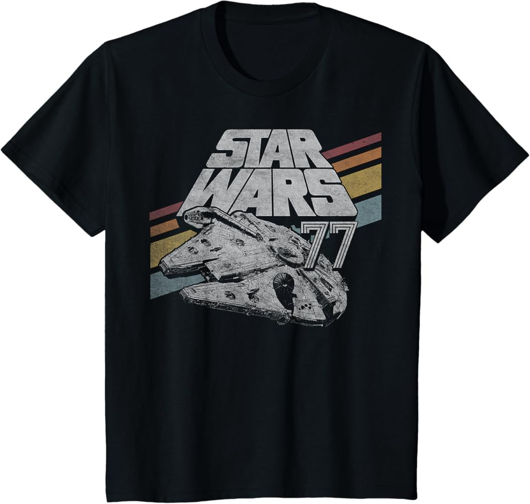 Star Wars Millennium Falcon 77 Retro Diagonal Stripe Disney+ T-Shirt | Amazon (US)