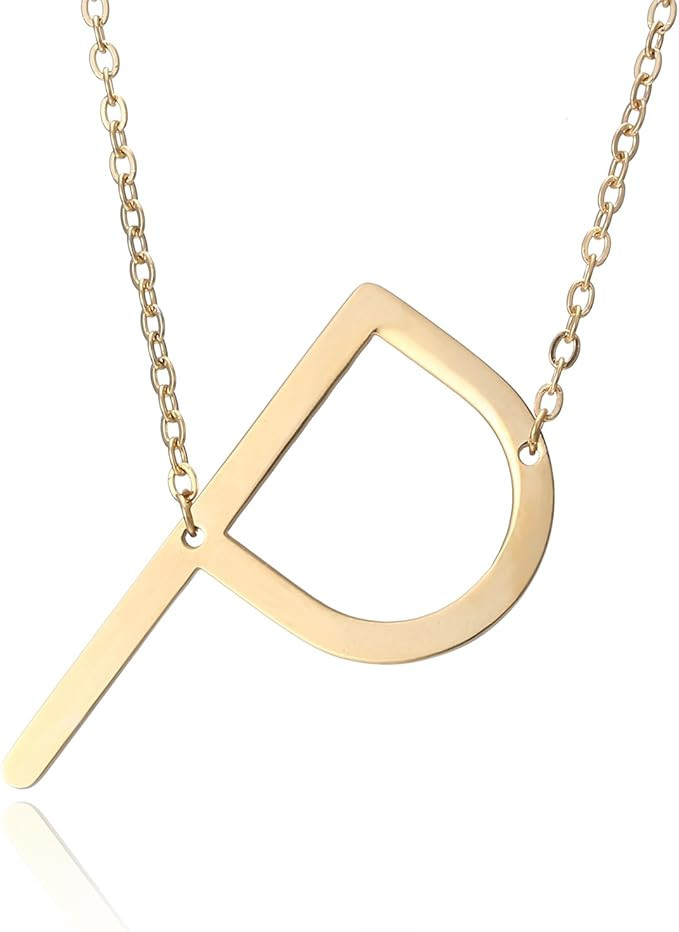 RINHOO Sideways Large Initial Necklace 18k Gold Plated Stainless Steel Big Letter Script Name Mon... | Amazon (US)