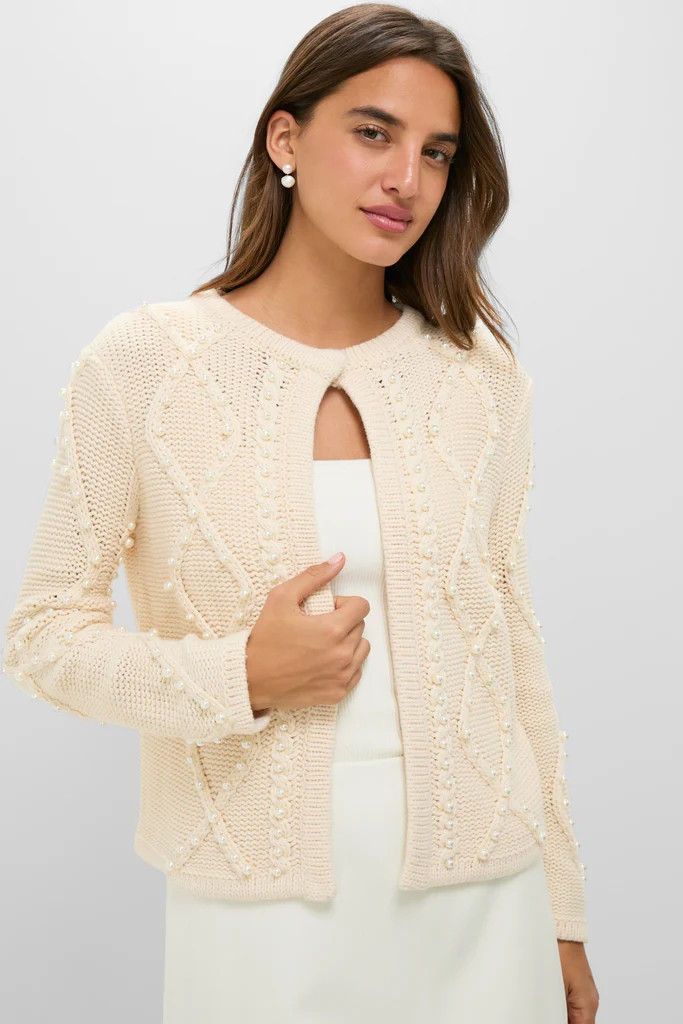 Cream Cable Knit Pearl Collins Cardigan | Tuckernuck (US)