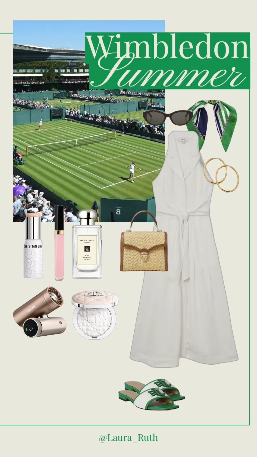 Wimbledon Outfit Idea 👒🎾 Classic whites, heritage green accents and effortless accessories for a day on the grass courts. Think timeless tailoring, raffia textures, fresh florals and beauty essentials that will last from the first serve to strawberries & cream. summer dresses 

 #LTKuk #LTKsummer #LTKdresses