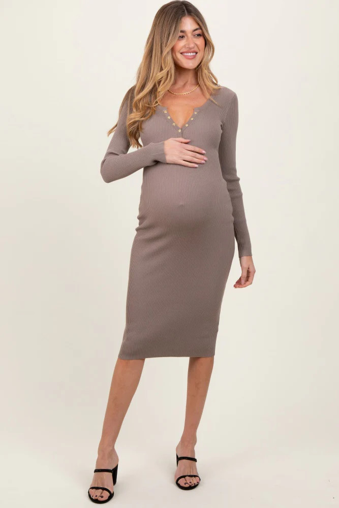 Brown Ribbed Fitted Button Long Sleeve Maternity Dress | PinkBlush Maternity
