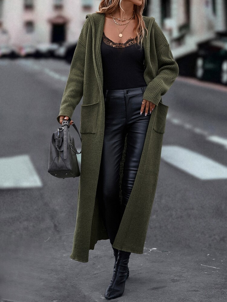 Drop Shoulder Pocket Patched Hooded Duster Cardigan | SHEIN