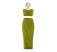 BEAUDRM Women's 2 Piece Solid Tie Back Criss Cross Halter Top Lime Green Dress Lime Dress Midi Skirt | Amazon (US)