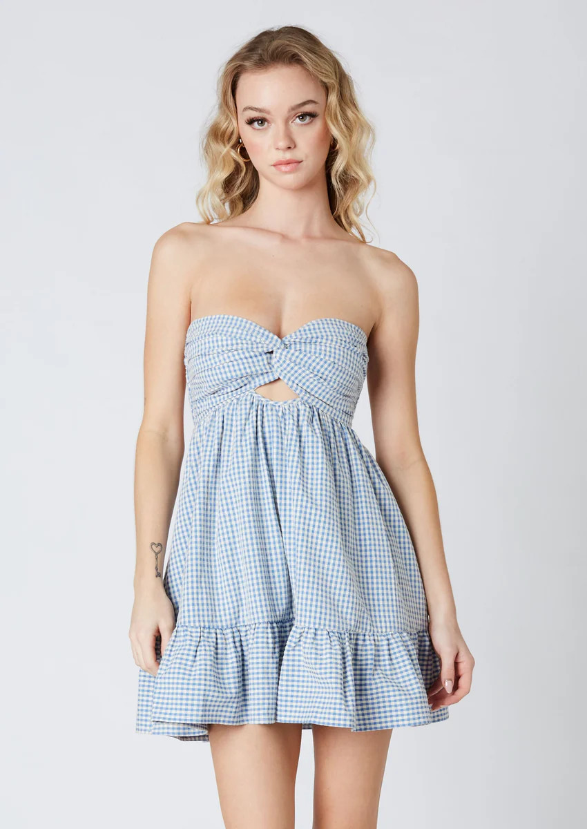 Argie Blue Gingham Strapless Romper | Boho Pink