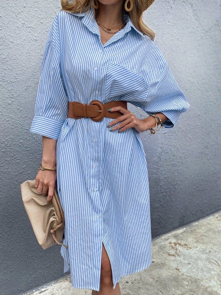 Striped Print Button Front Drop Shoulder Shirt Dress Without Belt | SHEIN