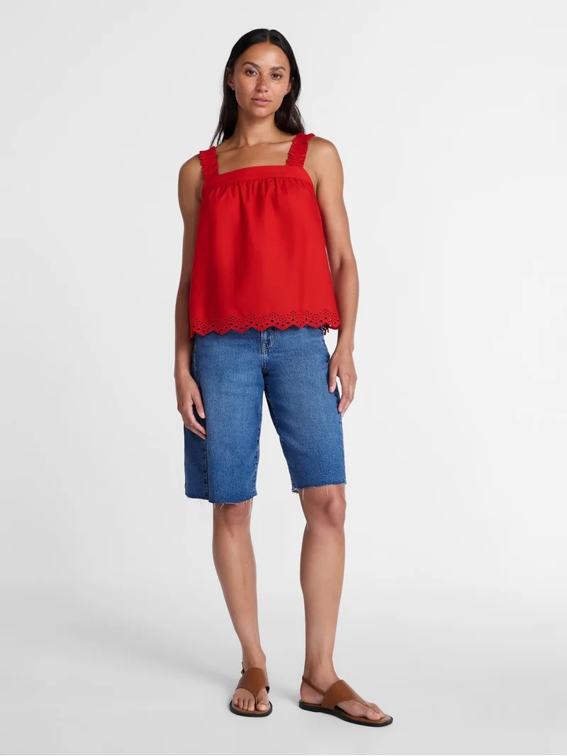 Time and Tru Women\u2019s Eyelet Trim Cotton Tank Top, Sizes XS-XXXL | Walmart (US)