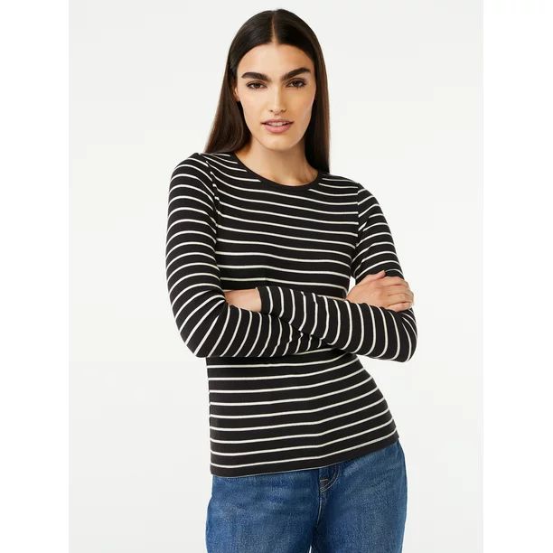 Free Assembly Women's Ribbed Crewneck Top with Long Sleeves | Walmart (US)