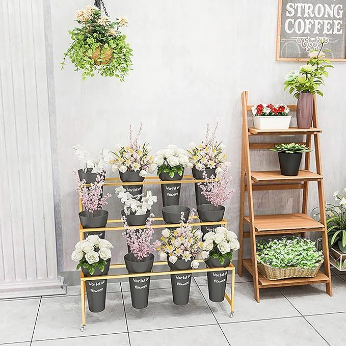 U&Q 3 Third Metal Plant Stand with Wheels,Modern Plant Shelf with Flower Bucket,Indoor Outdoor Fl... | Amazon (US)