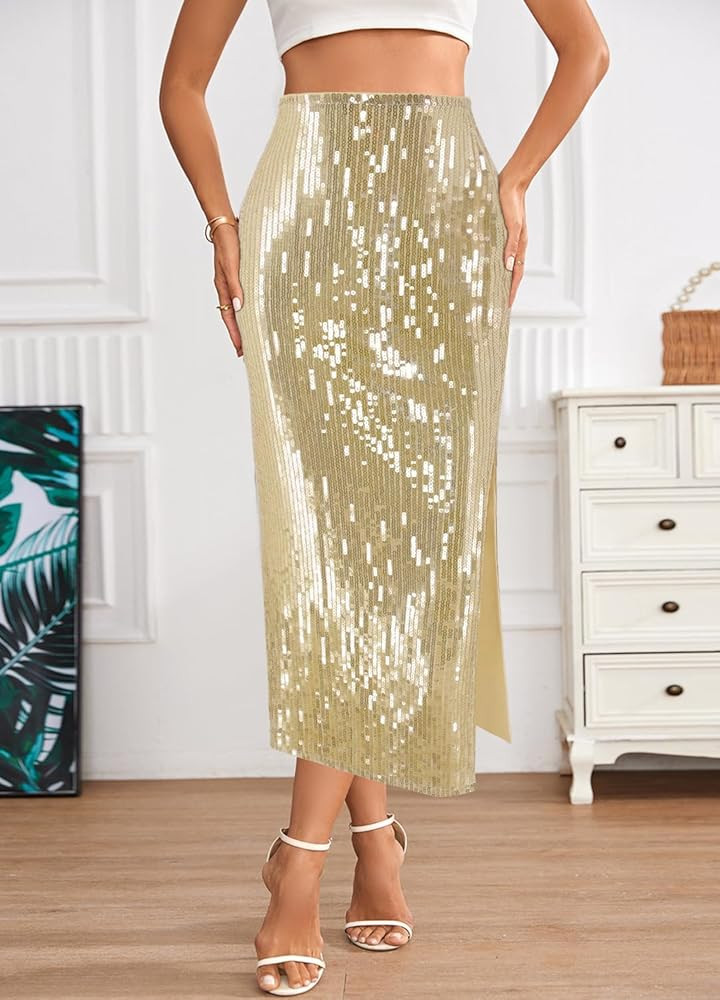 Segreto Women's Sequin Maxi Skirt High Waist Split Hem Sparkle Bodycon Midi Long Pencil Fishtail ... | Amazon (US)