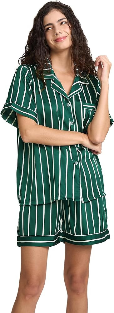 Womens Silk Satin Shorts Pajamas Set Button Down 2 Piece Pjs Short Sleeve Oversized Sleepwear wit... | Amazon (US)