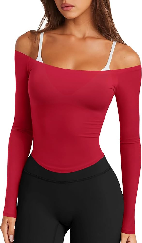 LASLULU Womens Sexy Off The Shoulder Long Sleeve Workout Tops Strapless T Shirts Crop Top Casual ... | Amazon (US)