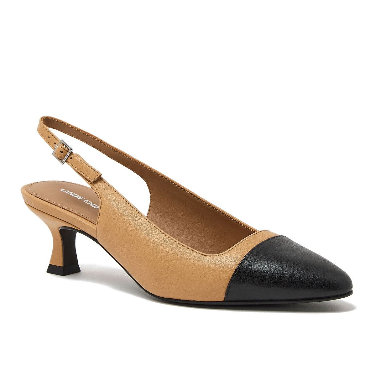Lands' End Women's Leather Slingback Cap Toe Kitten Heels - Tan/black | Macy's