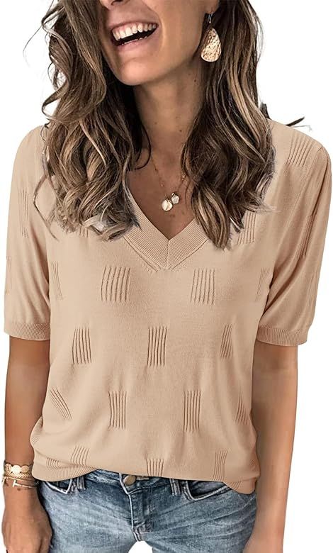 Arach&Cloz Women's Spring Summer Tops 2023 Fashion V Neck Short Sleeve Pullover Knitted Casual Fall Sweater Cozy Clouds | Amazon (US)