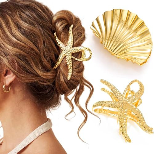 Fashey Seashell Hair Claw Clips Gold Metal Hair Clip Starfish Claw Clip Hair Accessories for Women and Girls (Pack of 2) (Gold) | Amazon (US)