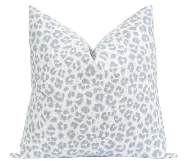 Hillsboro Ice Blue Linen Leopard Print Pillow | Land of Pillows