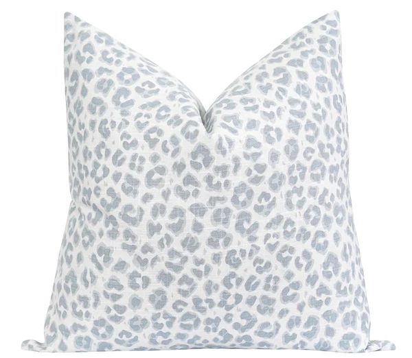 Saboro Ice Blue Linen Leopard Print Pillow | Land of Pillows