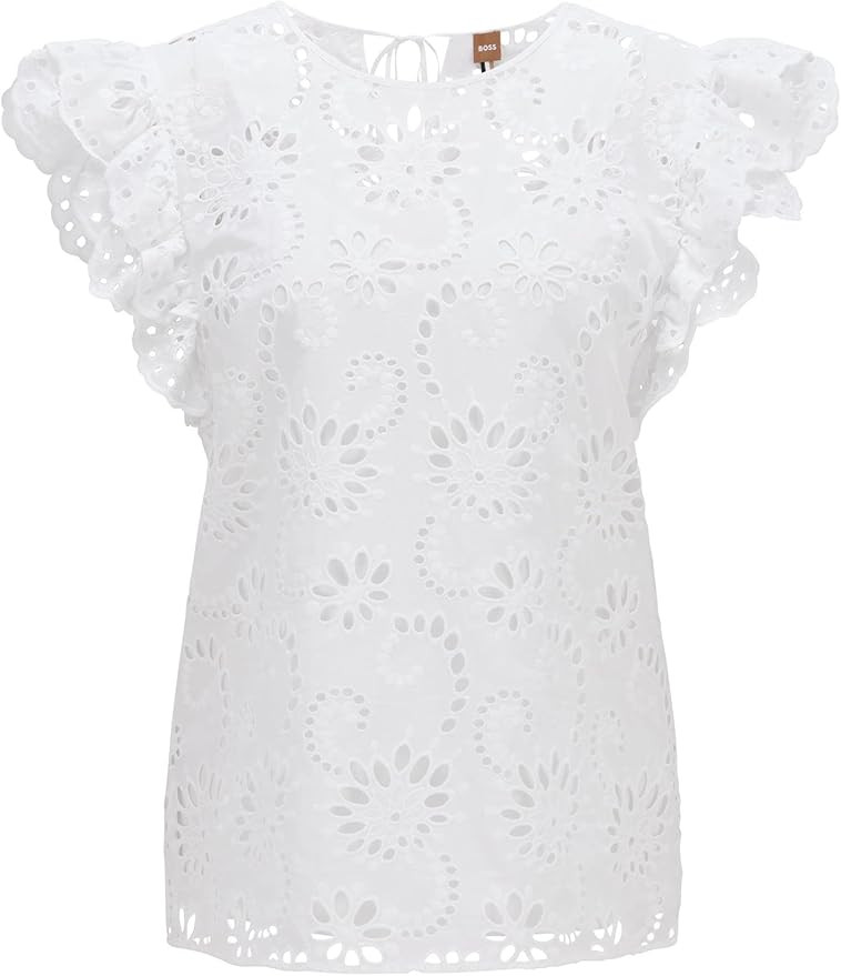 BOSS Womens Iembra Broderie-Anglaise top in Organic Cotton with Ruffle Sleeves | Amazon (UK)