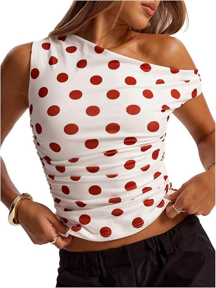 MakeMeChic Women's Polka Dots Asymmetrical Tops Going Out Y2k Crop Tops | Amazon (US)