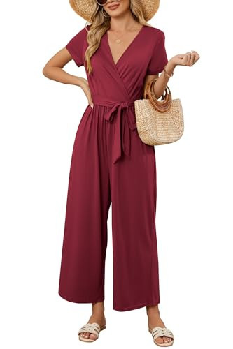 OUGES Jumpsuit Damen Sommer Elegant Overall Lang Playsuit Kurzarm Casual Hosenanzug mit Taschen(Weinrot,XL) | Amazon (DE)