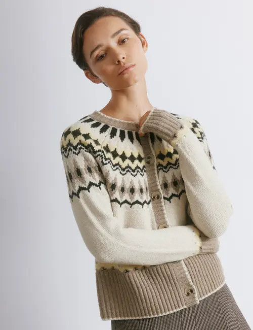 Albaray Fair Isle Yoke Cardigan in Neautral at Nordstrom, Size 10 | Nordstrom